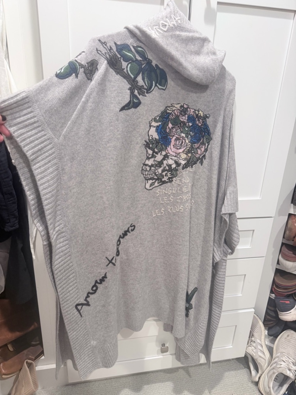 Zadig & Voltaire Gray Knit Sweater with Multicolor Embroidered Skull